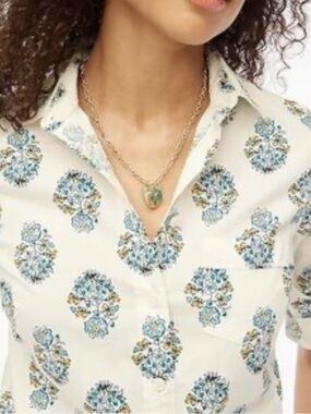 J. Crew Cream Button-Down Shirt with Blue Floral Motif